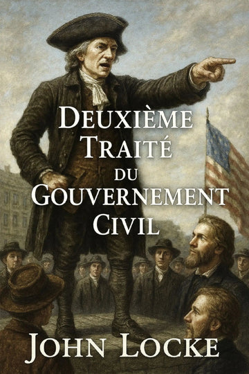 Book cover for 'Deuxième traité du gouvernement civil' by John Locke, featuring a historical painting of George Washington pointing outward, with an American flag and a crowd in the background.