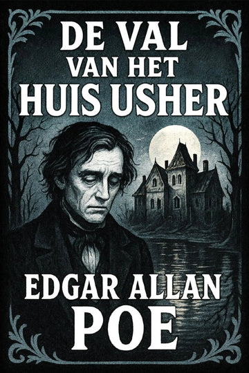 Book cover for 'De val van het huis Usher' by Edgar Allan Poe, featuring a dark, gothic illustration of a man's portrait, a haunted house under a full moon, and large white text on a black background.