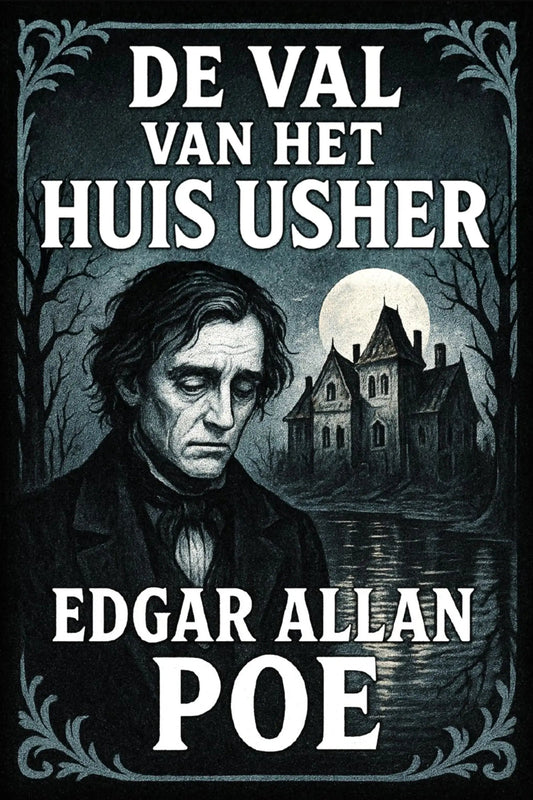 Book cover for 'De val van het huis Usher' by Edgar Allan Poe, featuring a dark, gothic illustration of a man's portrait, a haunted house under a full moon, and large white text on a black background.