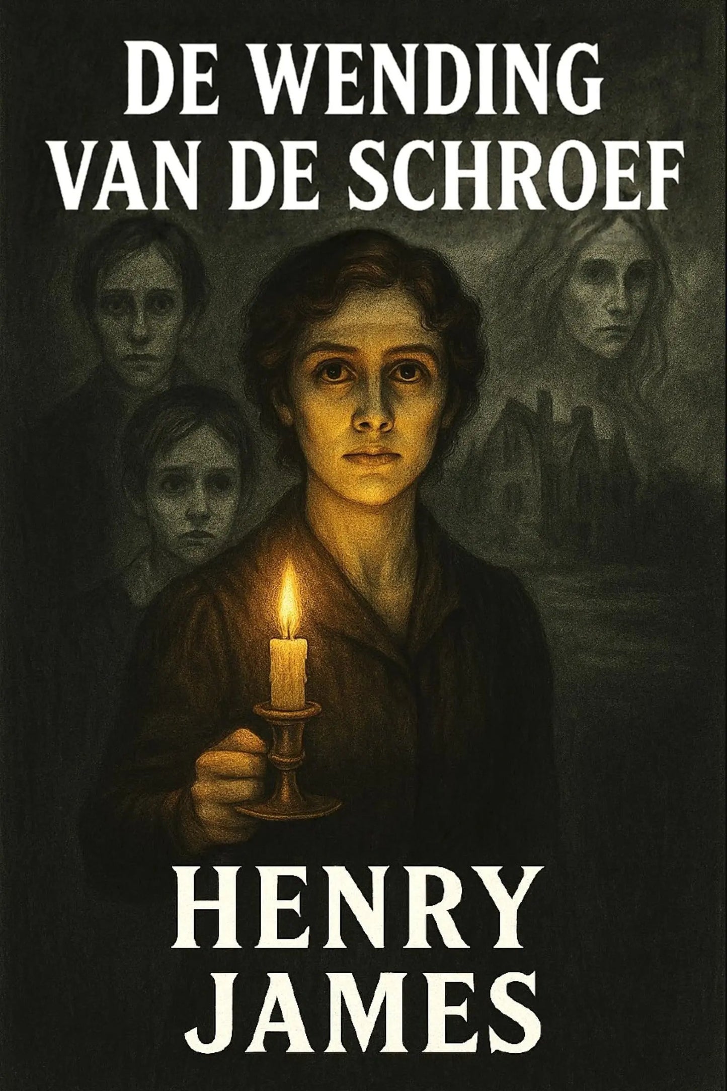 Book cover for 'De wending van de schroef' by Henry James, featuring a dark, moody illustration of a woman holding a lit candle, with three blurred faces in the background and white title and author text.