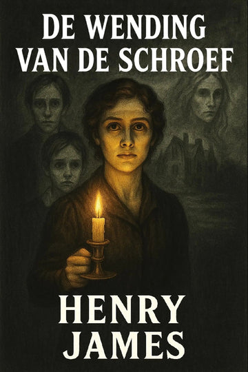 Book cover for 'De wending van de schroef' by Henry James, featuring a dark, moody illustration of a woman holding a lit candle, with three blurred faces in the background and white title and author text.