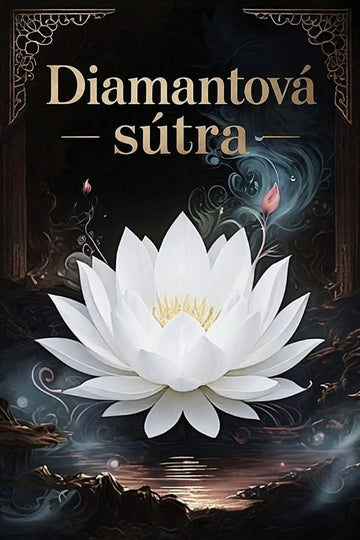 Book cover for 'Diamantová sútra' featuring a large white lotus flower floating on dark water, with ornate gold title text at the top against a dark mystical background.