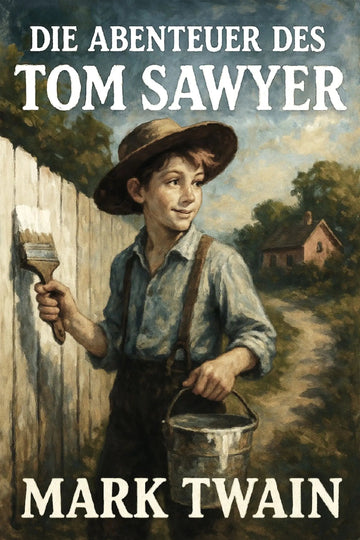 Book cover for 'Die Abenteuer des Tom Sawyer' by Mark Twain, featuring an illustrated young boy in a hat and suspenders holding a paintbrush and bucket beside a fence, with the title and author name in large white text.