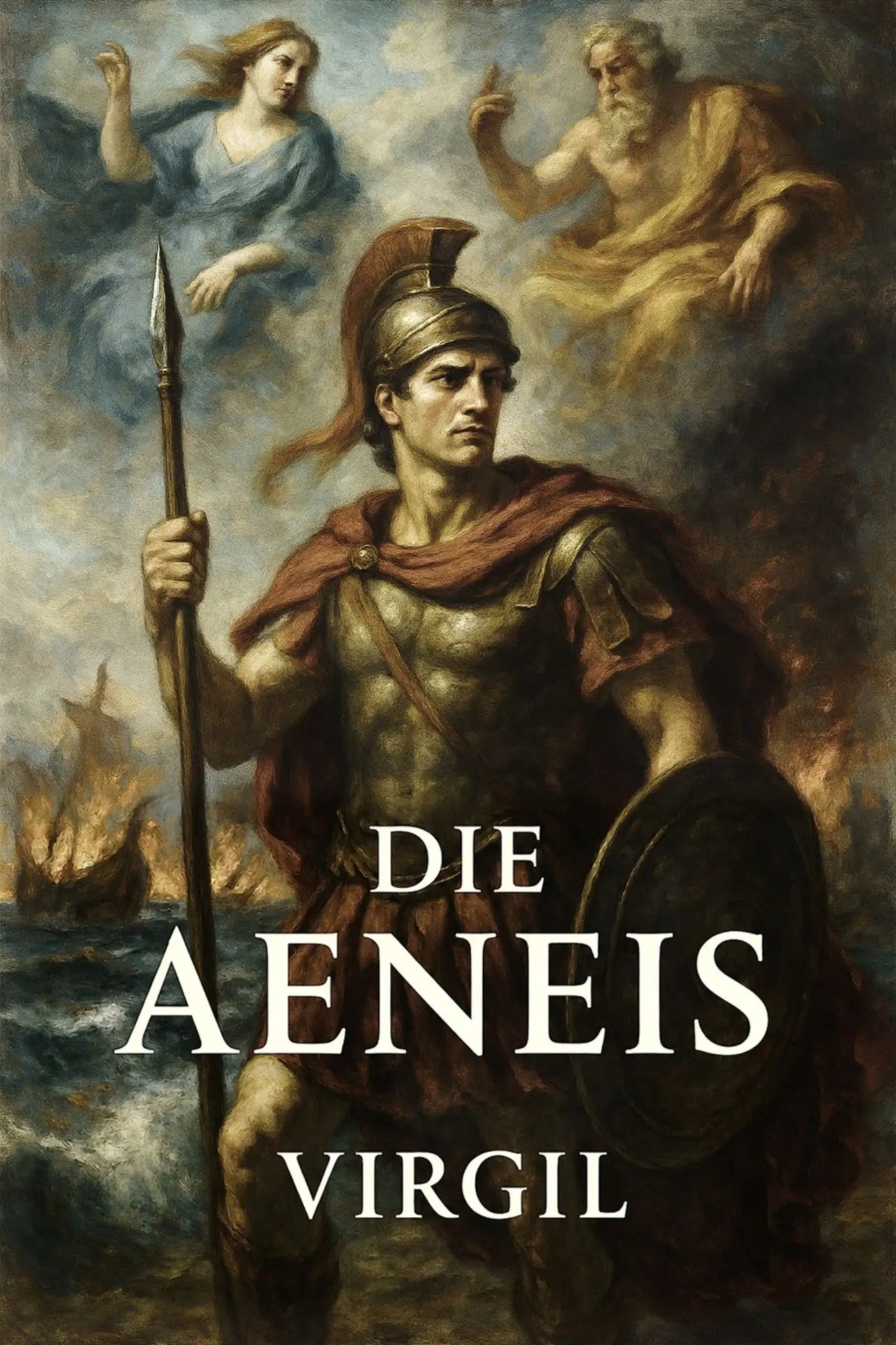 Book cover for 'Die Aeneis' by Virgil, featuring a classical painting of Aeneas holding a spear and shield with a red cape, accompanied by a goddess and another figure in the background.