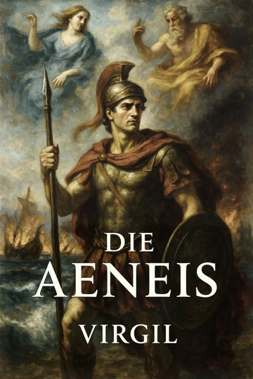 Book cover for 'Die Aeneis' by Virgil, featuring a classical painting of Aeneas holding a spear and shield with a red cape, accompanied by a goddess and another figure in the background.