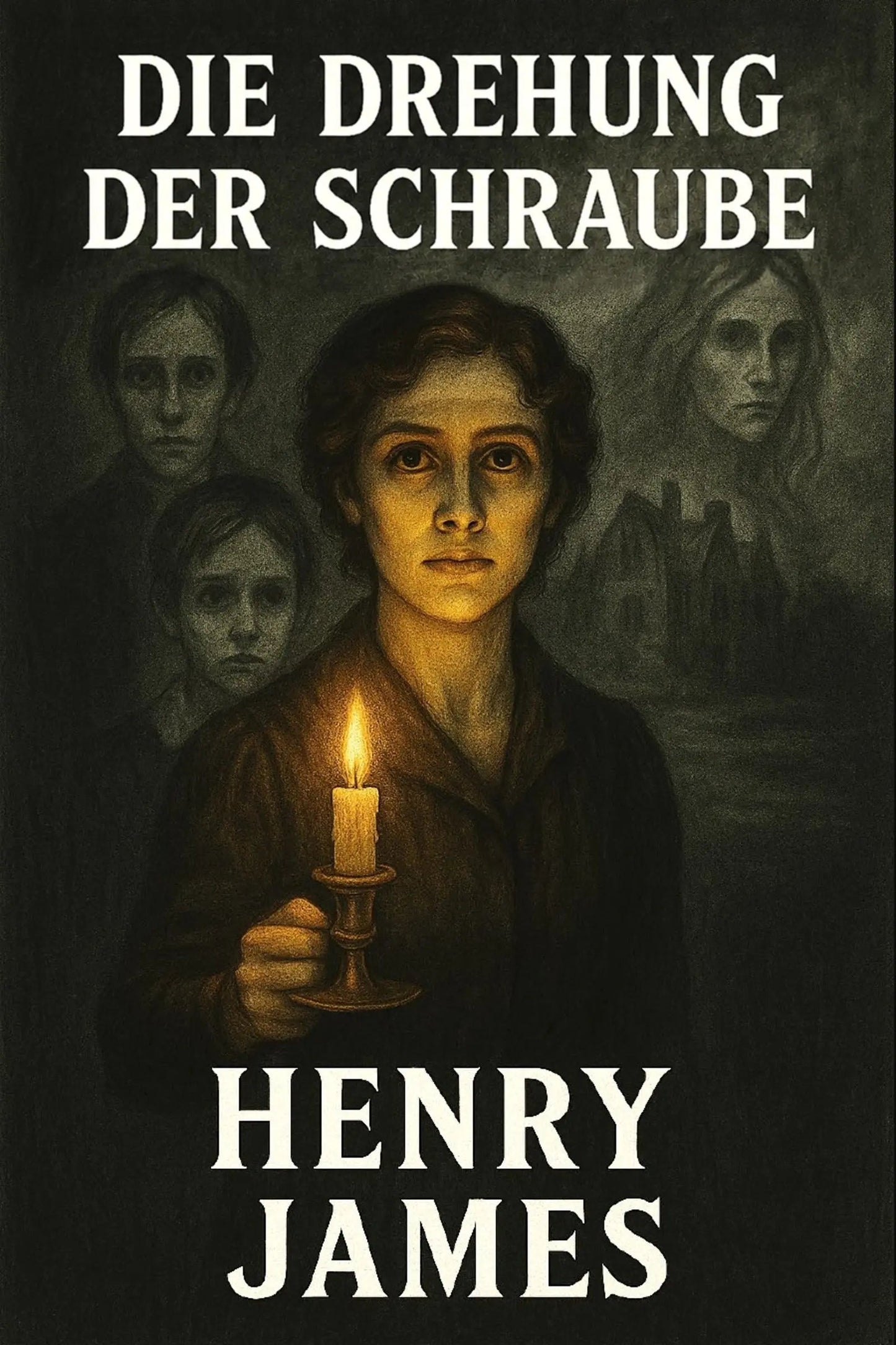 Book cover for 'Die Drehung der Schraube' by Henry James, featuring a dark, atmospheric illustration of a woman holding a lit candle, with three blurred faces in the background and the title and author name in large white text.