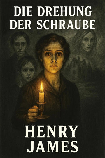 Book cover for 'Die Drehung der Schraube' by Henry James, featuring a dark, atmospheric illustration of a woman holding a lit candle, with three blurred faces in the background and the title and author name in large white text.