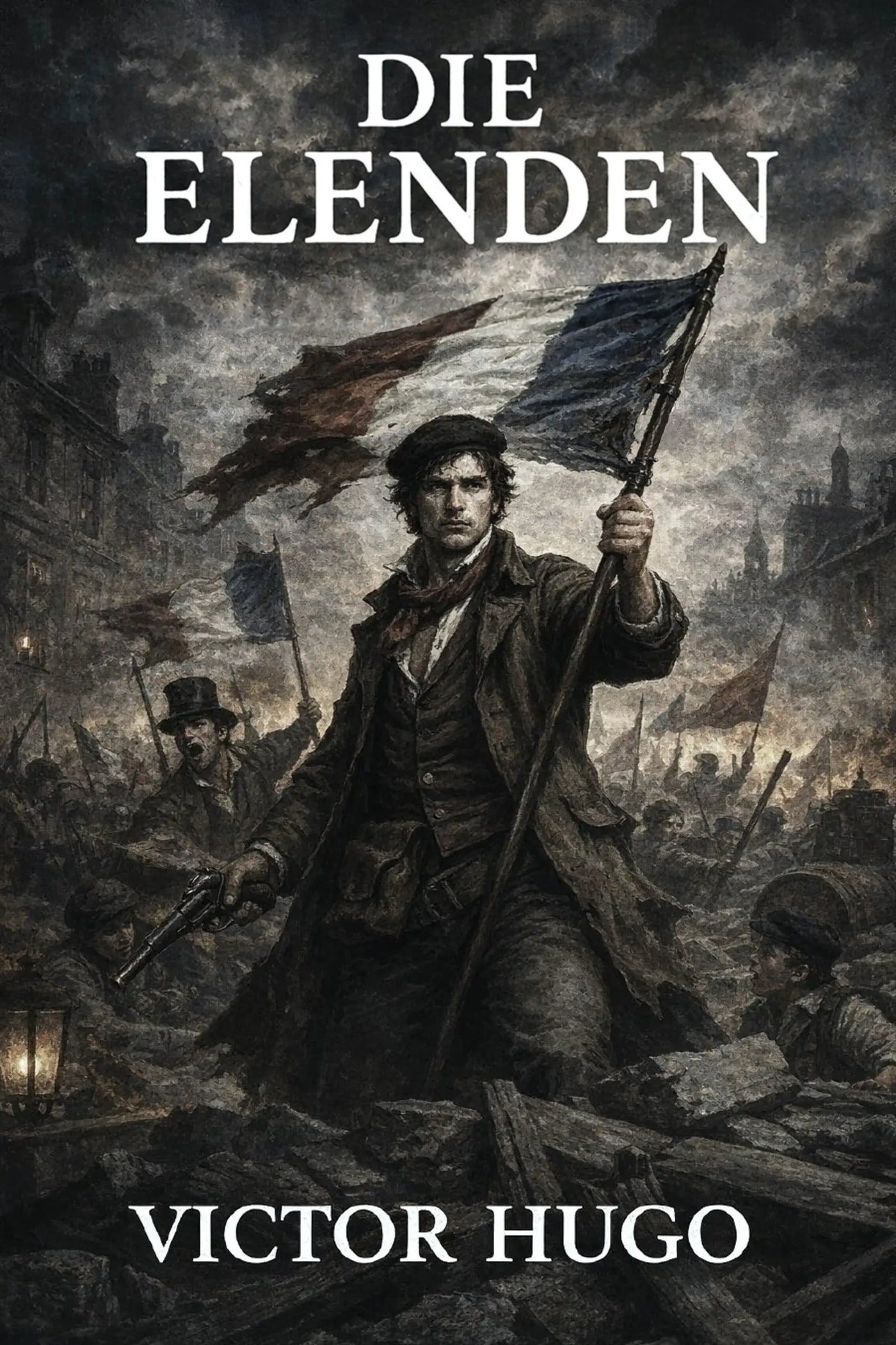 Book cover for 'Die Elenden' by Victor Hugo, featuring a dark, dramatic historical illustration of a man holding a flag in a ruined city scene, with the title and author name in white text.