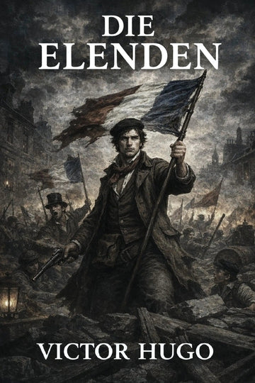 Book cover for 'Die Elenden' by Victor Hugo, featuring a dark, dramatic historical illustration of a man holding a flag in a ruined city scene, with the title and author name in white text.