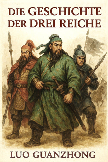 Book cover of 'Die Geschichte der Drei Reiche' with illustrations of three characters in traditional Chinese attire.