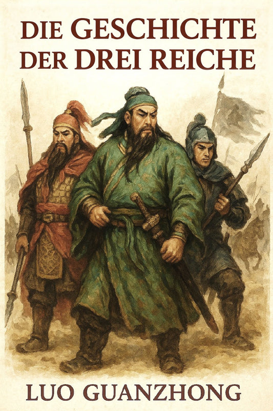 Book cover of 'Die Geschichte der Drei Reiche' with illustrations of three characters in traditional Chinese attire.