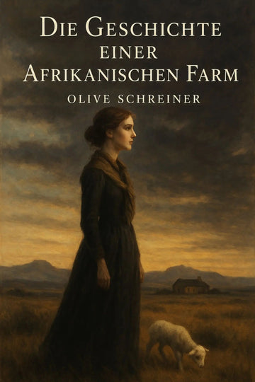 Book cover for 'Die Geschichte einer afrikanischen Farm' by Olive Schreiner, featuring a painted scene of a woman in a long dark dress standing in a field beside a sheep under a dramatic golden sky.