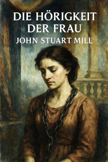 Book cover for 'Die Hörigkeit der Frau' by John Stuart Mill, featuring a painted portrait of a woman in a brown dress with a chain around her neck against a dark interior background.