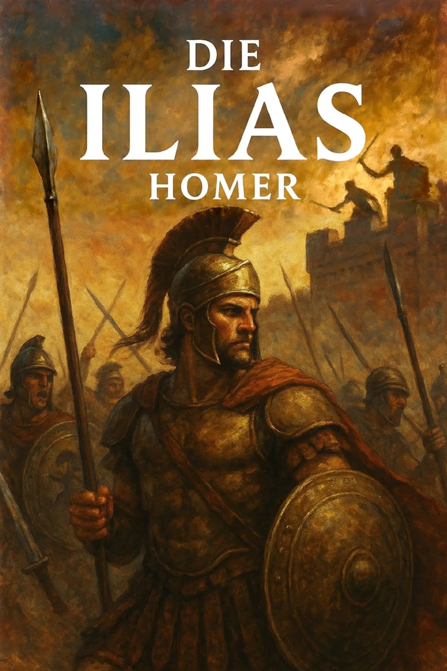 Book cover for 'Die Ilias' by Homer, featuring a painted scene of an ancient Greek warrior in armor holding a spear and shield, with other soldiers and a battle scene in the background under a warm golden sky.