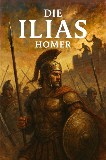 Book cover for 'Die Ilias' by Homer, featuring a painted scene of an ancient Greek warrior in armor holding a spear and shield, with other soldiers and a battle scene in the background under a warm golden sky.
