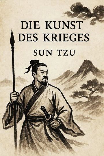 A book cover or poster-style artwork with the title 'Die Kunst des Krieges' and 'Sun Tzu' in large black text over a sepia-toned illustration of a historical figure in robes holding a spear, with mountains and clouds in the background.