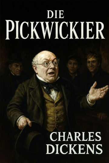 Book cover for 'Die Pickwickier' by Charles Dickens, featuring a classical painting-style portrait of Charles Dickens in a dark brown coat and vest, with the title and author name in white text on a black background.