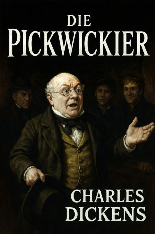Book cover for 'Die Pickwickier' by Charles Dickens, featuring a classical painting-style portrait of Charles Dickens in a dark brown coat and vest, with the title and author name in white text on a black background.