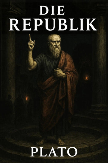 Book cover for 'Die Republik' by Plato, featuring a dark classical painting of Plato standing in a stone hall with columns, wearing a brown and black robe and gesturing upward. 