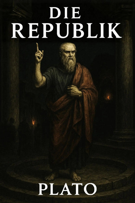 Book cover for 'Die Republik' by Plato, featuring a dark classical painting of Plato standing in a stone hall with columns, wearing a brown and black robe and gesturing upward. 