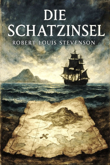 Book cover for 'Die Schatzinsel' by Robert Louis Stevenson, featuring an illustration of a treasure map in the foreground, a sailing ship on dark blue ocean waves, and a cloudy sky.