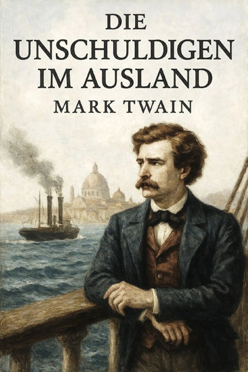 Book cover for 'Die Unschuldigen im Ausland' by Mark Twain, featuring a vintage-style illustration of a man in a dark suit leaning on a railing with a ship and domed building in the background.