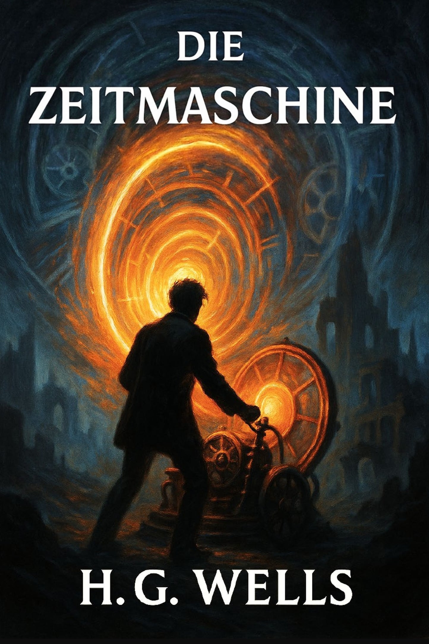 Book cover of 'Die Zeitmaschine' by H.G. Wells with a silhouette of a man and a time machine.