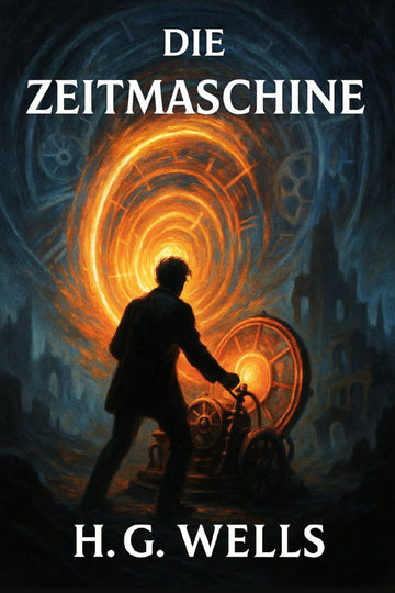 Book cover of 'Die Zeitmaschine' by H.G. Wells with a silhouette of a man and a time machine.