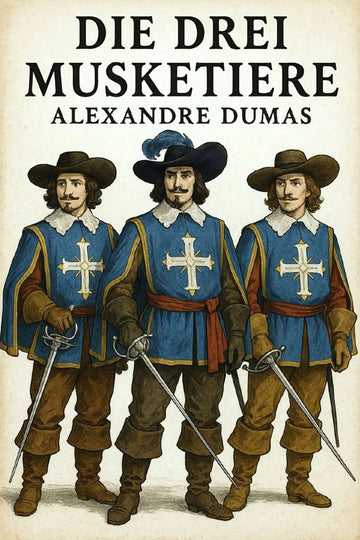 A vintage-style illustrated book cover of 'Die drei Musketiere' showing three historical musketeers in blue tunics with white crosses, brown hats and boots, standing against a cream background. 