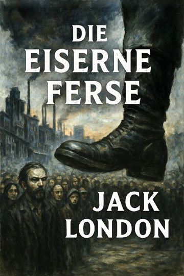 Book cover for 'Die eiserne Ferse' by Jack London, featuring a dramatic illustration of a large boot looming over a crowd in a dark industrial city scene, with the title and author name in bold white text.