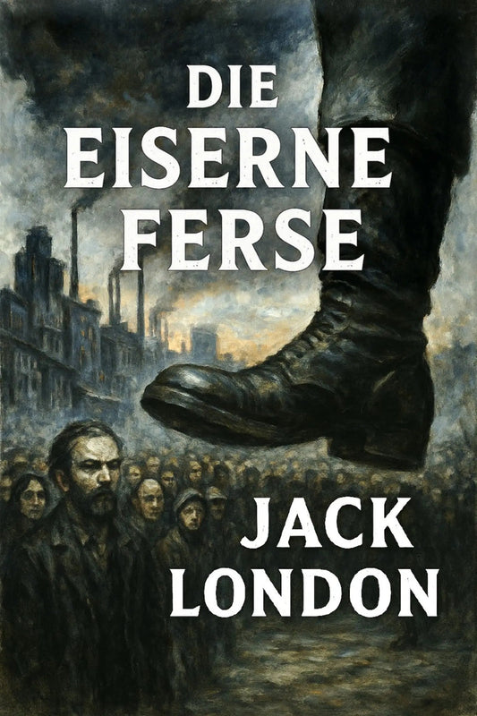 Book cover for 'Die eiserne Ferse' by Jack London, featuring a dramatic illustration of a large boot looming over a crowd in a dark industrial city scene, with the title and author name in bold white text.