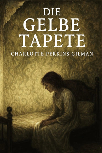 Book cover for 'Die gelbe Tapete' by Charlotte Perkins Gilman, featuring a sepia-toned illustration of a woman sitting on a bed in a dimly lit room with patterned wallpaper and large white title text.