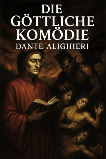 Book cover for 'Die göttliche Komödie' by Dante Alighieri, featuring a dark, painterly illustration of Dante in a red robe holding an open book, surrounded by shadowy figures against a black background.