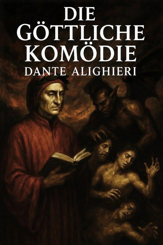Book cover for 'Die göttliche Komödie' by Dante Alighieri, featuring a dark, painterly illustration of Dante in a red robe holding an open book, surrounded by shadowy figures against a black background.