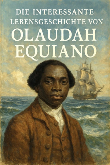 Book cover featuring a painted portrait of Olaudah Equiano in a brown coat against an ocean scene with a ship, with title at the top reading 'Die interessante Lebensgeschichte von Olaudah Equiano'.
