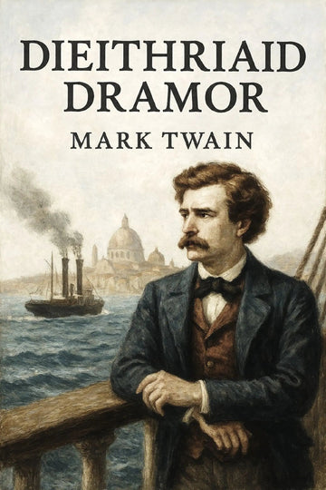 Book cover for 'Dieithriaid dramor' by Mark Twain, featuring an illustrated portrait of a man in Victorian clothing leaning on a railing with a ship and domed building in the background.