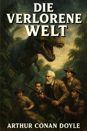Book cover for 'Die verlorene Welt' by Arthur Conan Doyle, featuring an illustrated scene of four explorers in a jungle facing a large dinosaur.