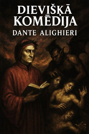 Book cover for 'Dievišķā komēdija' by Dante Alighieri, featuring a dark, painterly scene with figures in red and brown tones and large white title text at the top.