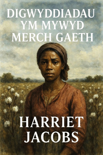 Book cover for 'Digwyddiadau ym mywyd merch gaeth' by Harriet Jacobs, featuring a painted portrait of a woman in a field with white text overlays.