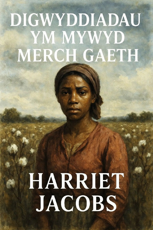 Book cover for 'Digwyddiadau ym mywyd merch gaeth' by Harriet Jacobs, featuring a painted portrait of a woman in a field with white text overlays.