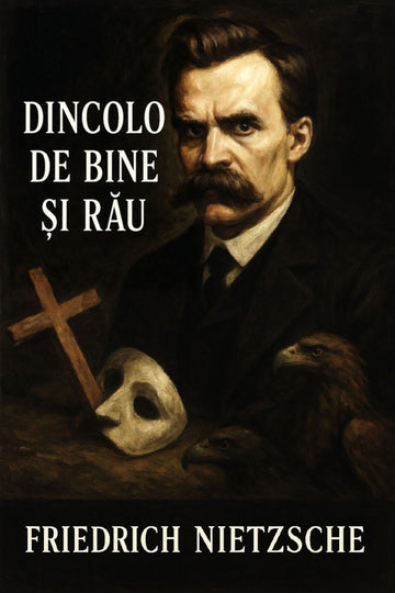 Book cover of 'Dincolo de bine și rău' by Friedrich Nietzsche with a portrait and symbols.
