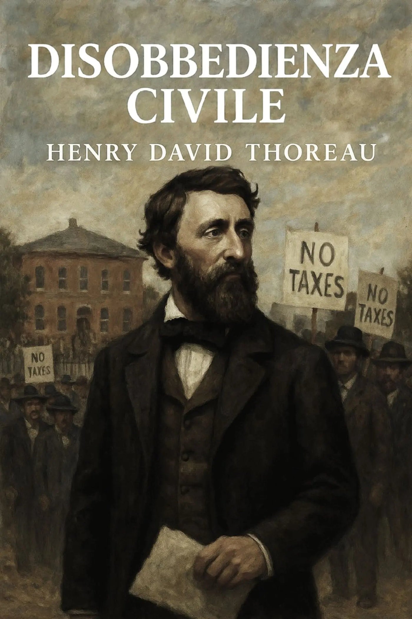 Book cover for 'Disobbedienza civile' by Henry David Thoreau, featuring a painted portrait of Thoreau in front of a protest scene with 'NO TAXES' signs.