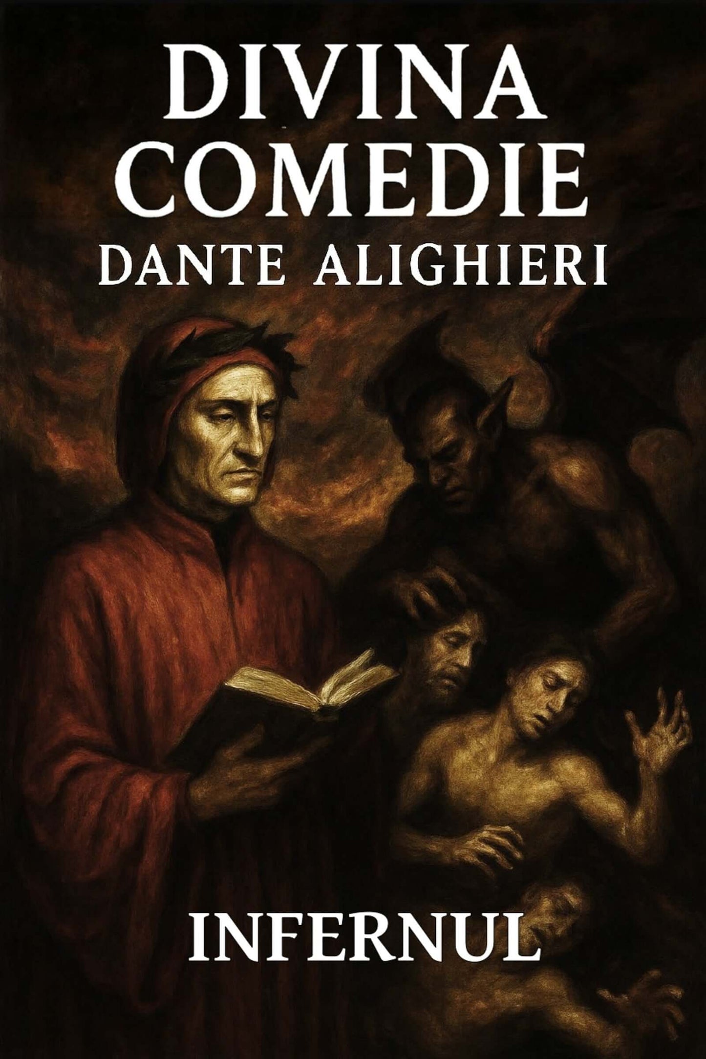 Book cover of 'Divina Comedie' by Dante Alighieri with a dark background and central figure holding a book.