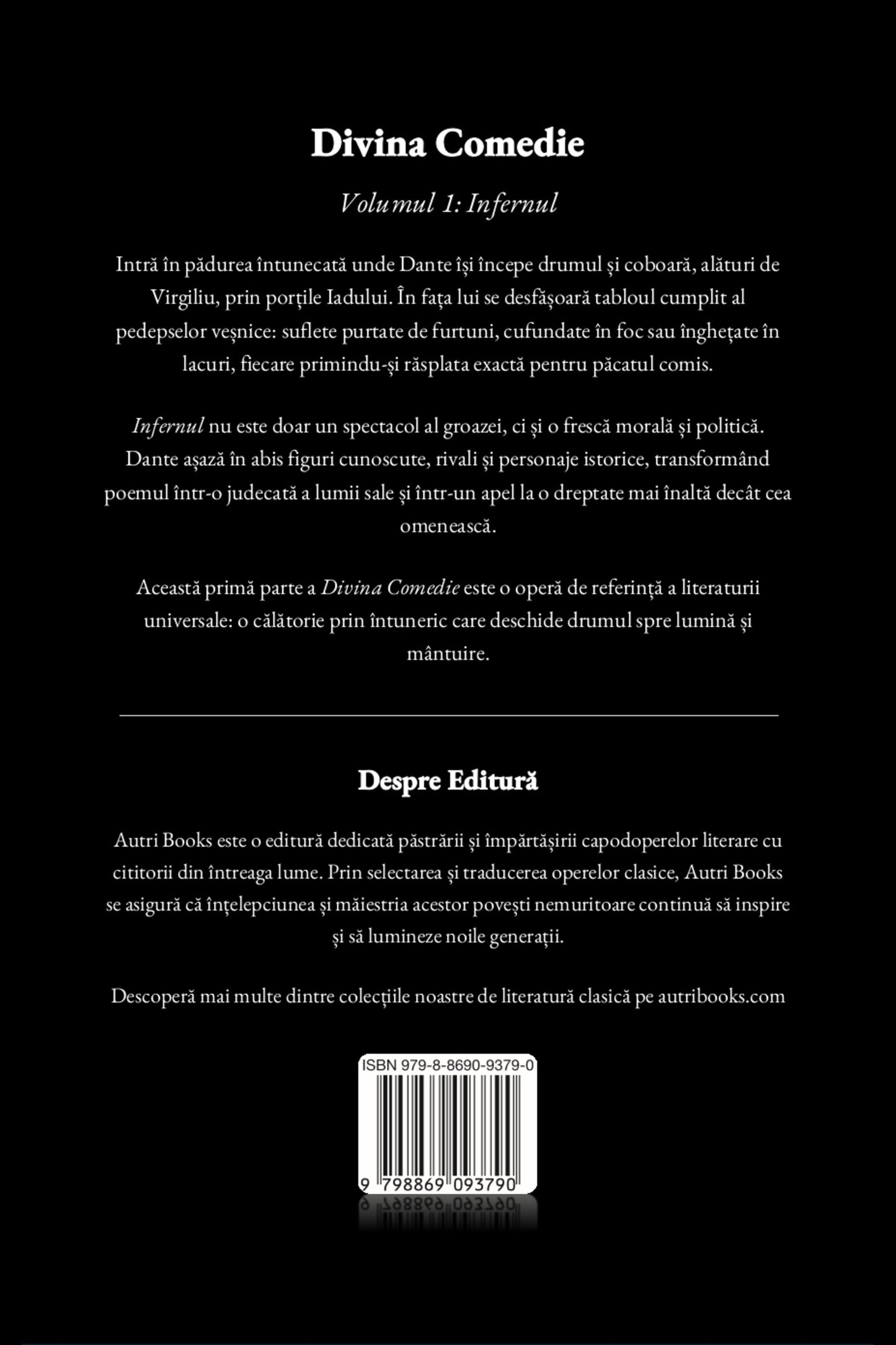 Back cover of a book titled 'Divina Comedie' with text and a barcode on a black background.