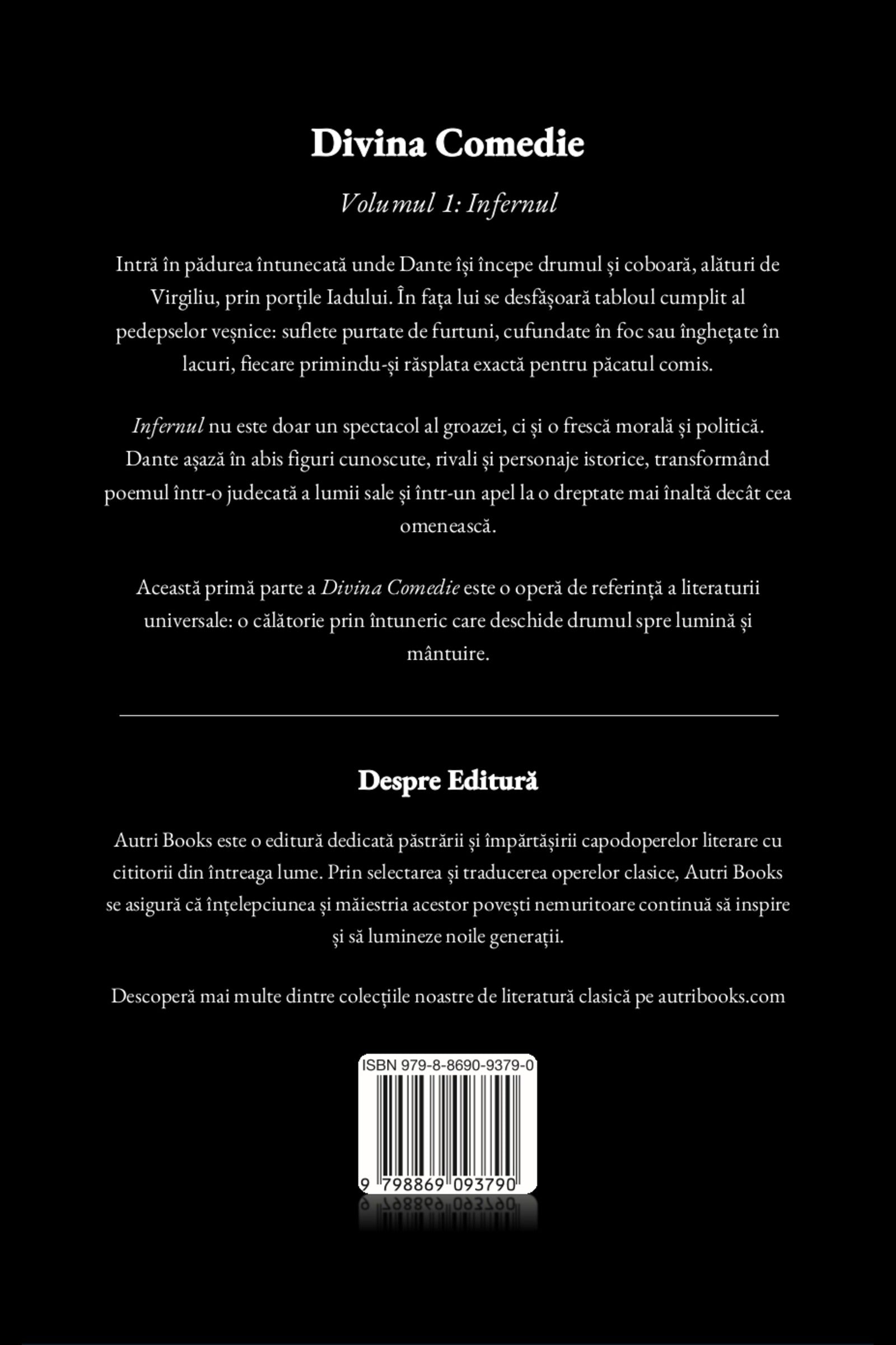 Back cover of a book titled 'Divina Comedie' with text and a barcode on a black background.
