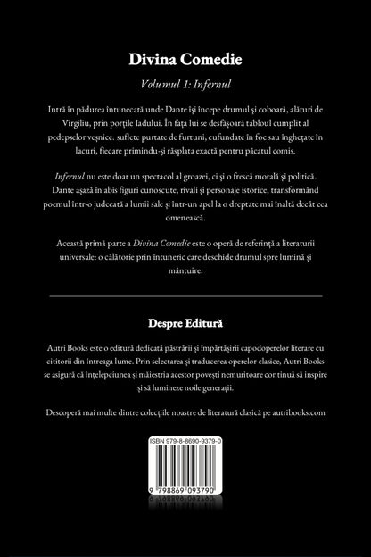 Back cover of a book titled 'Divina Comedie' with text and a barcode on a black background.