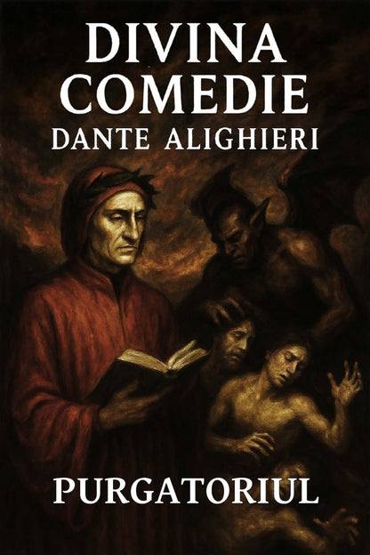 Book cover of 'Divina Comedie' by Dante Alighieri featuring a dark background with a central figure holding a book.