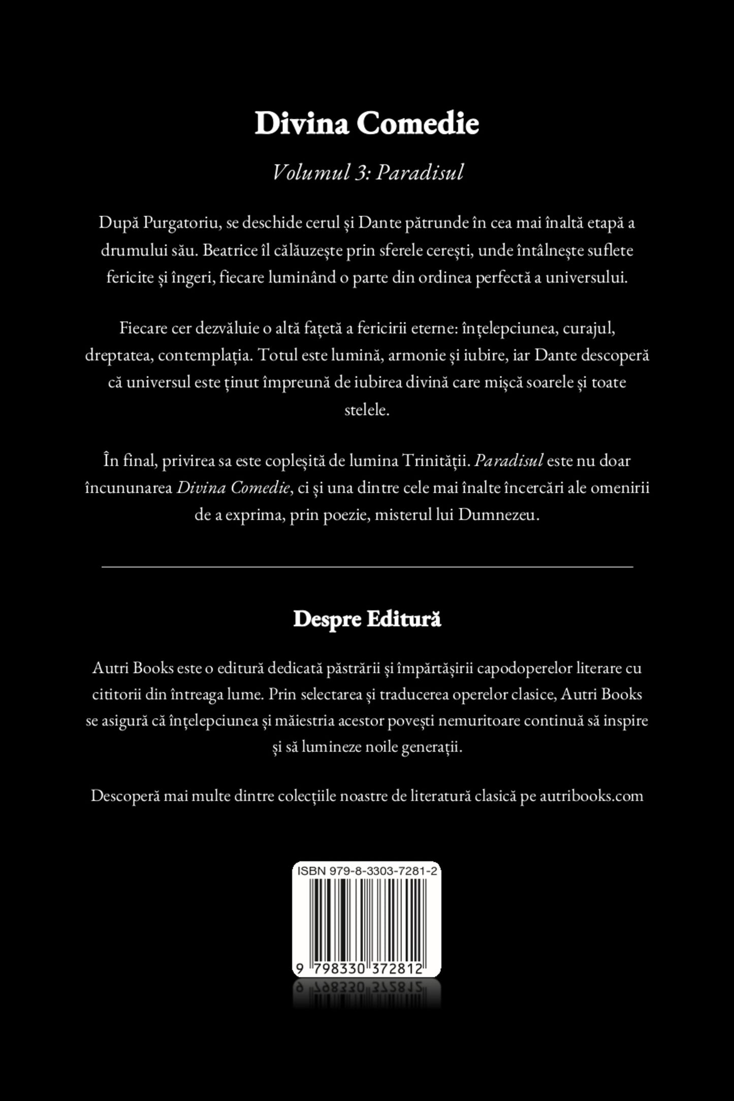 Back cover of a book titled 'Divina Comedie' with text and branding information.