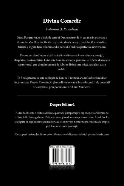 Back cover of a book titled 'Divina Comedie' with text and branding information.