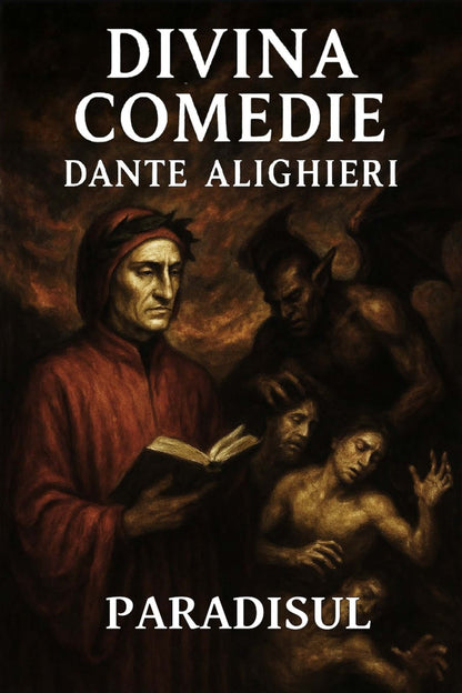Book cover of 'Divina Comedie' by Dante Alighieri with a dark background and central figure holding a book.